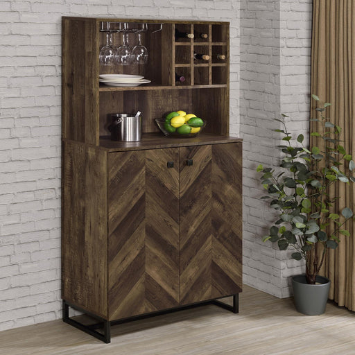 Mendoza 2-door Wine Cabinet Rustic Oak Herringbone and Gunmetal - LasVegasFurnitureOnline.com