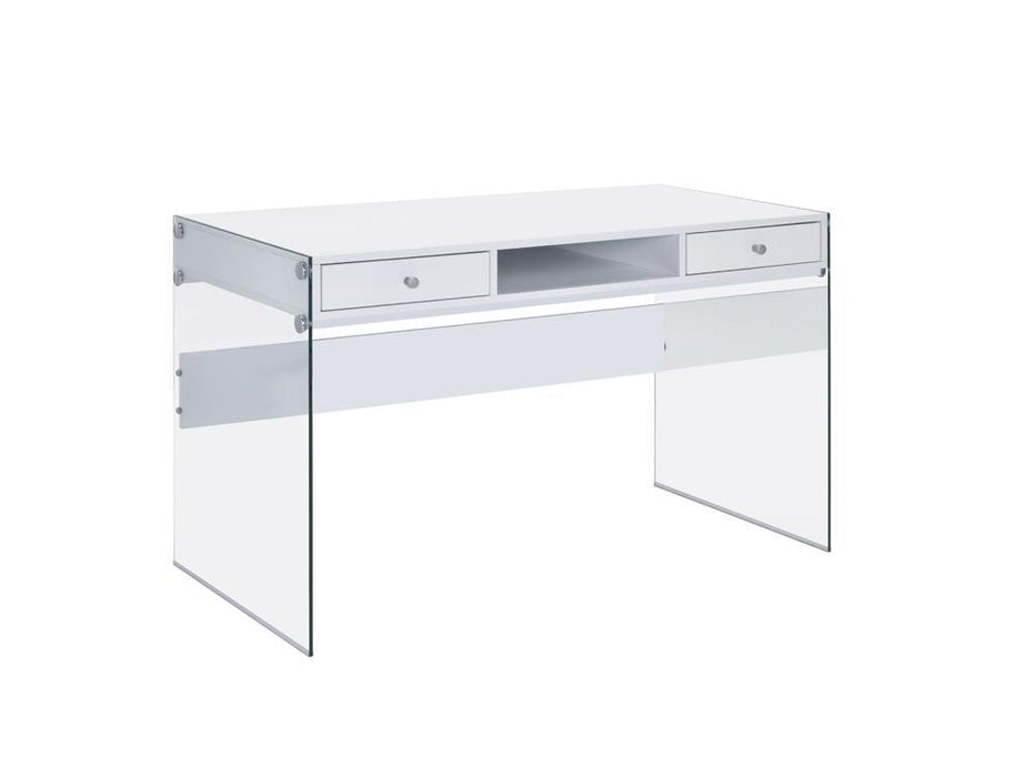 Dobrev 2-drawer Writing Desk Glossy White and Clear - LasVegasFurnitureOnline.com