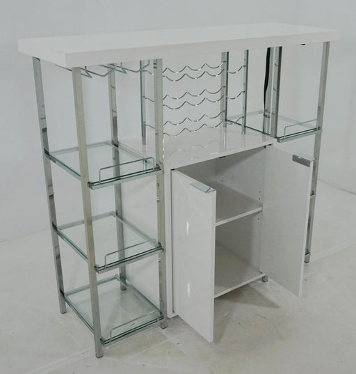 Gallimore 2-door Bar Cabinet with Glass Shelf High Glossy White and Chrome - LasVegasFurnitureOnline.com