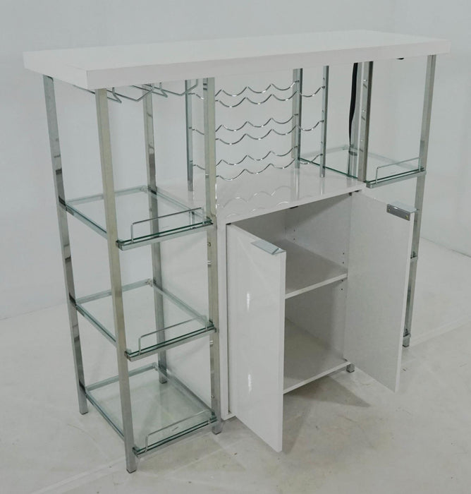 Gallimore 2-door Bar Cabinet with Glass Shelf High Glossy White and Chrome - LasVegasFurnitureOnline.com