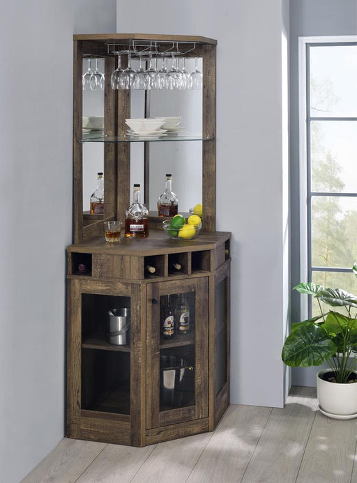 Alviso Corner Bar Cabinet with Stemware Rack Rustic Oak - LasVegasFurnitureOnline.com