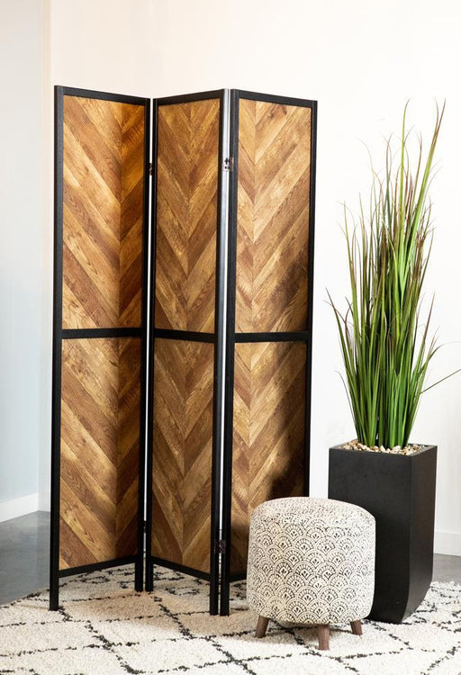 Marlene Herringbone Pattern 3-panel Screen Rustic Tobacco and Black - LasVegasFurnitureOnline.com