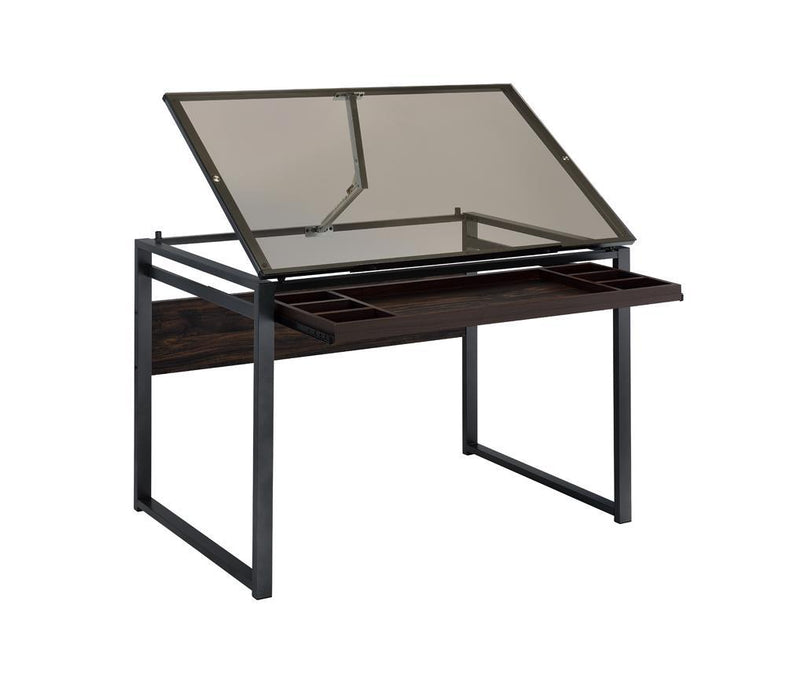 Pantano Glass Top Drafting Desk Dark Gunmetal and Chestnut - LasVegasFurnitureOnline.com