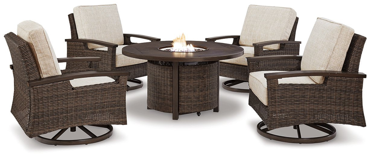 Paradise Trail Paradise Trail Fire Pit Table with 4 Nuvella Swivel Lounge Chairs - LasVegasFurnitureOnline.com