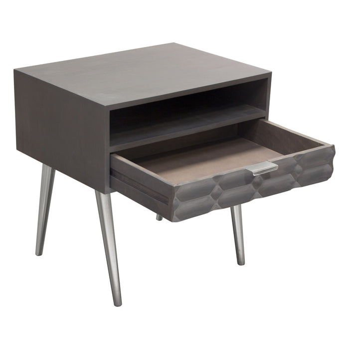 Petra Solid Mango Wood 1-Drawer Accent Table in Smoke Grey Finish w/ Nickel Legs by Diamond Sofa