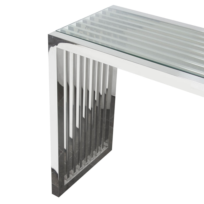 SOHO Rectangular Stainless Steel Console Table w/ Clear, Tempered Glass Top by Diamond Sofa - LasVegasFurnitureOnline.com