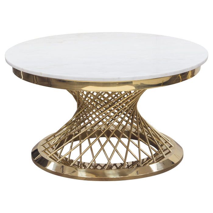 Solstice 35" Round Cocktail Table with Genuine Marble Top and Polished Gold Spiral Spoked Base by Diamond Sofa - LasVegasFurnitureOnline.com