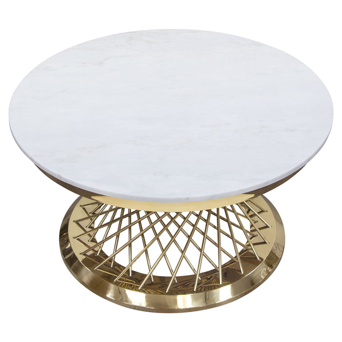 Solstice 35" Round Cocktail Table with Genuine Marble Top and Polished Gold Spiral Spoked Base by Diamond Sofa - LasVegasFurnitureOnline.com