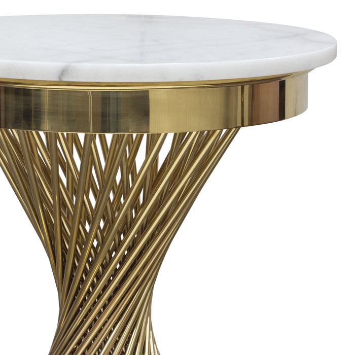 Solstice 18" Round End Table with Genuine Marble Top and Polished Gold Spiral Spoked Base by Diamond Sofa - LasVegasFurnitureOnline.com